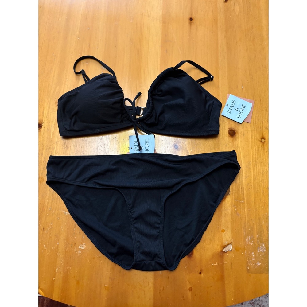 Shade & Shore Womens Black Ribbed Bikini Set Front Tie Top Low Rise Bottom XL 16